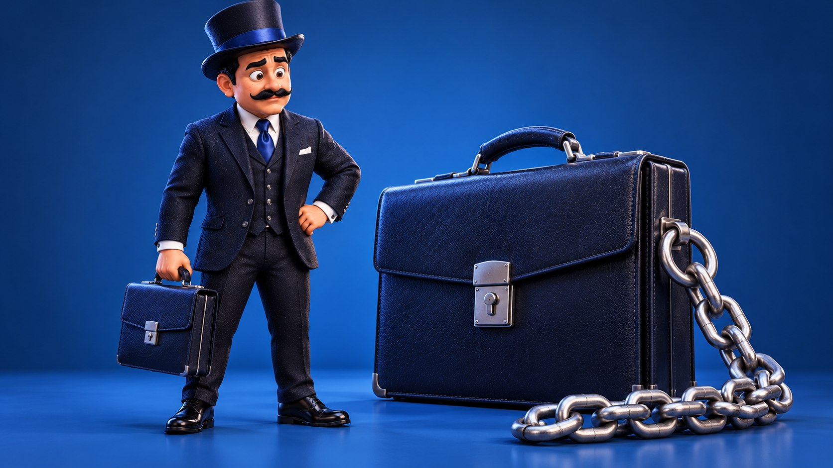 Satoshi observa un maletín grande unido a una cadena junto a otro menor, con expresión cautelosa.