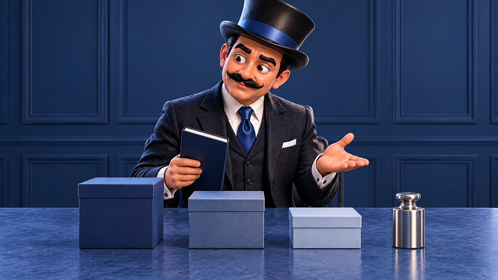 Satoshi compara tres cajas de distinto tamaño junto a una pesa, con expresión reflexiva.