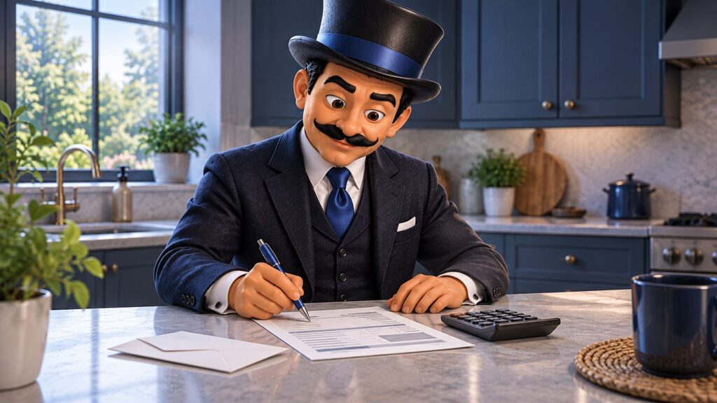 Satoshi revisa una liquidación de préstamo junto a una calculadora en la cocina, con expresión concentrada.