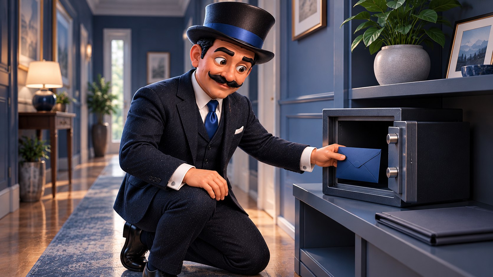 Satoshi guarda un sobre azul en una pequeña caja fuerte doméstica junto a una carpeta de préstamo, con expresión prudente.