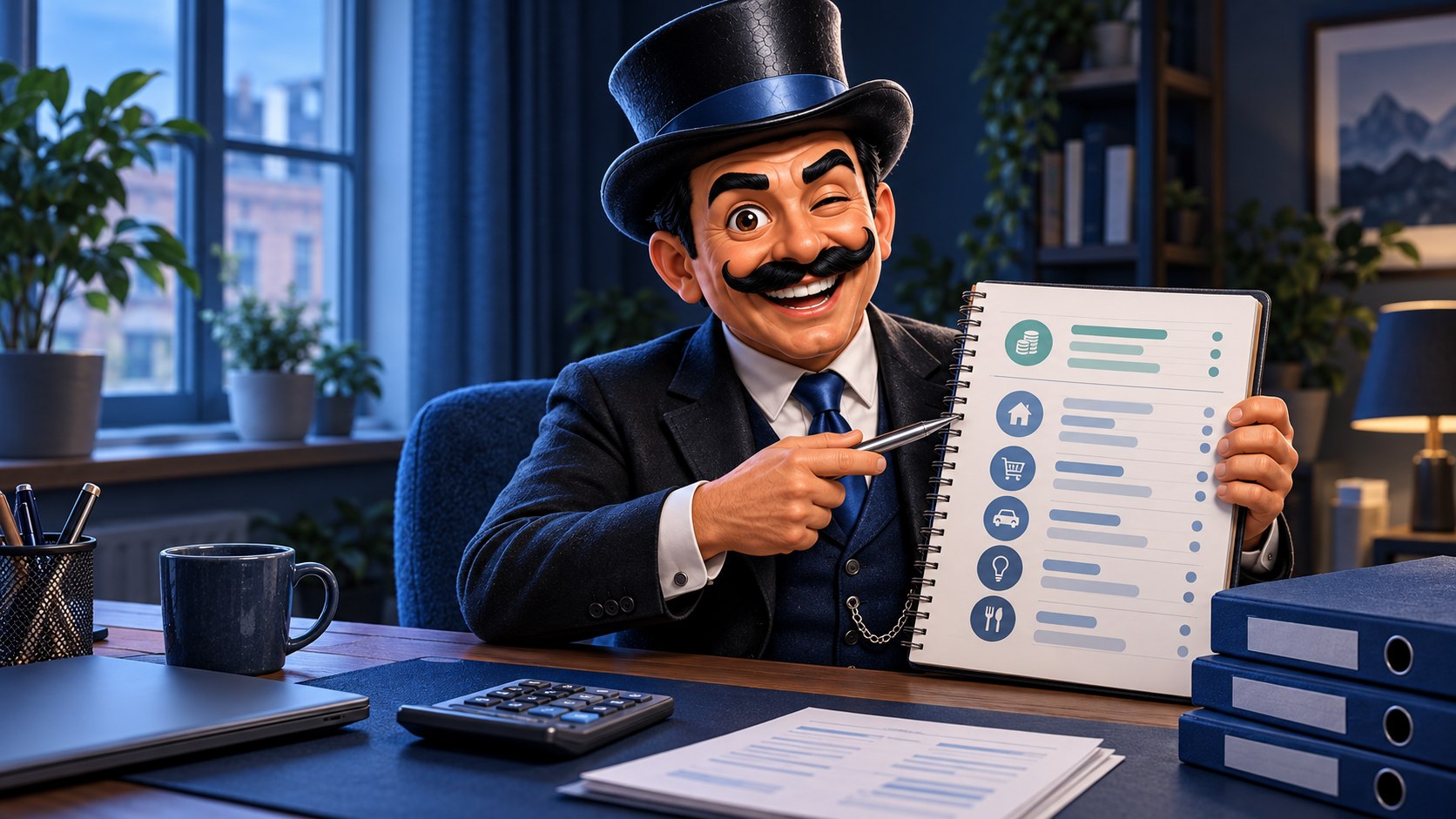 Satoshi, con traje azul oscuro y sombrero de copa, organiza un presupuesto doméstico junto a una calculadora.
