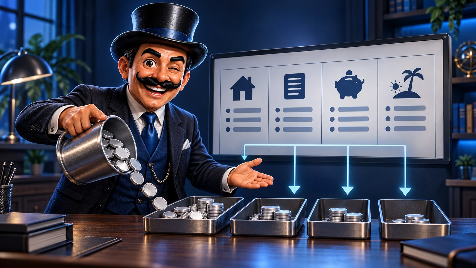 Satoshi distribuye monedas plateadas entre bandejas para necesidades, pagos futuros, ahorro y objetivos.