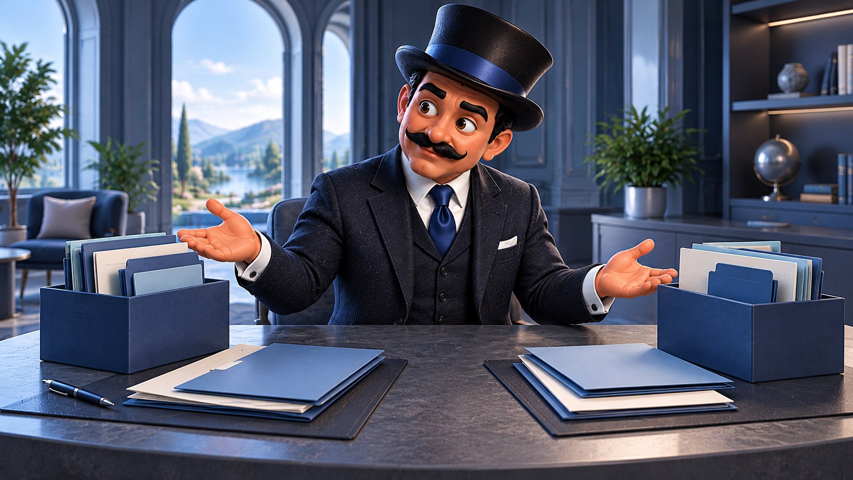 Satoshi explica la diferencia entre dos cajas azules separadas, con las manos abiertas y expresión seria y calmada.