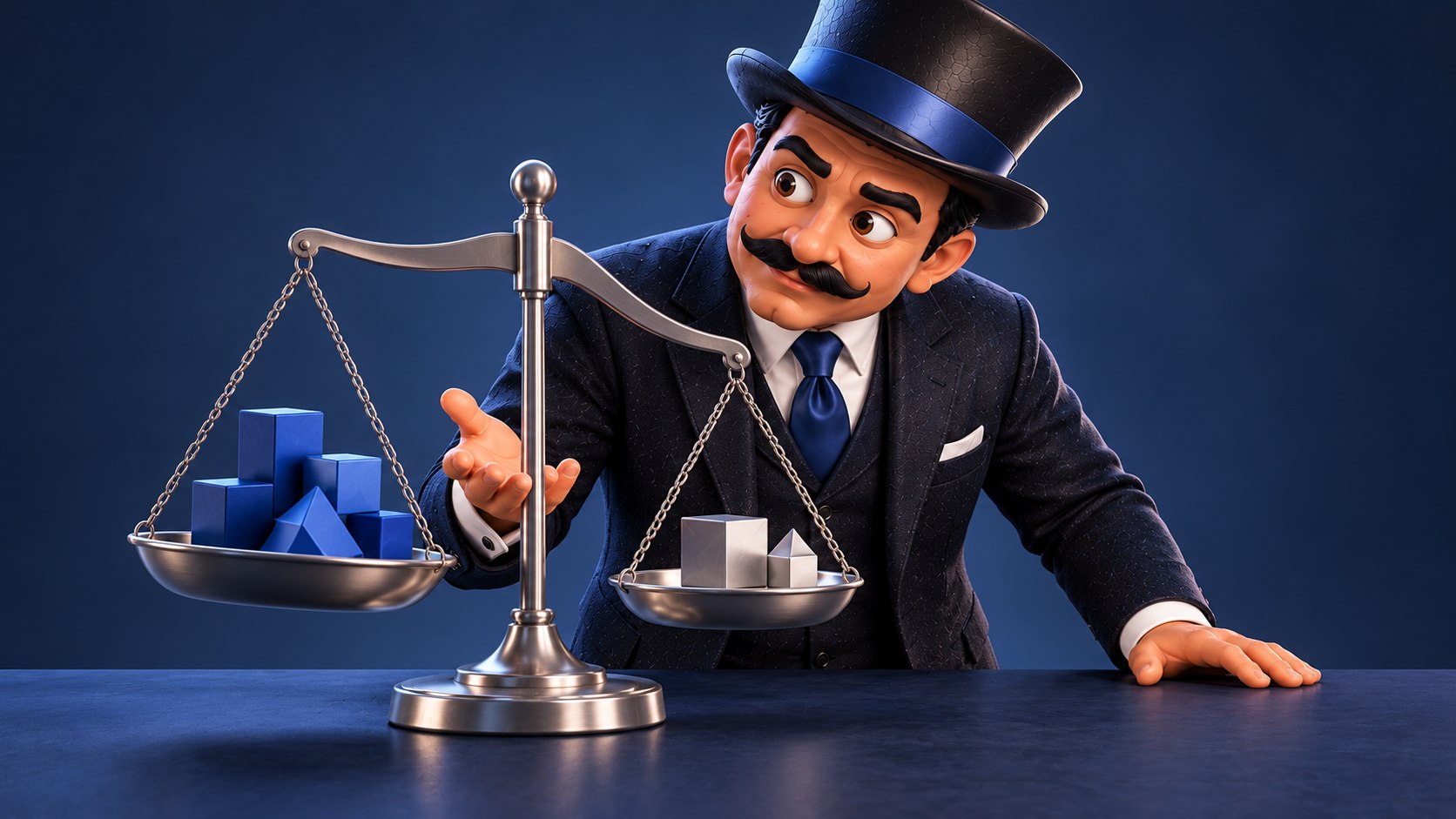 Satoshi observa con expresión concentrada una balanza desigual con bloques azules y plateados en sus dos platos.
