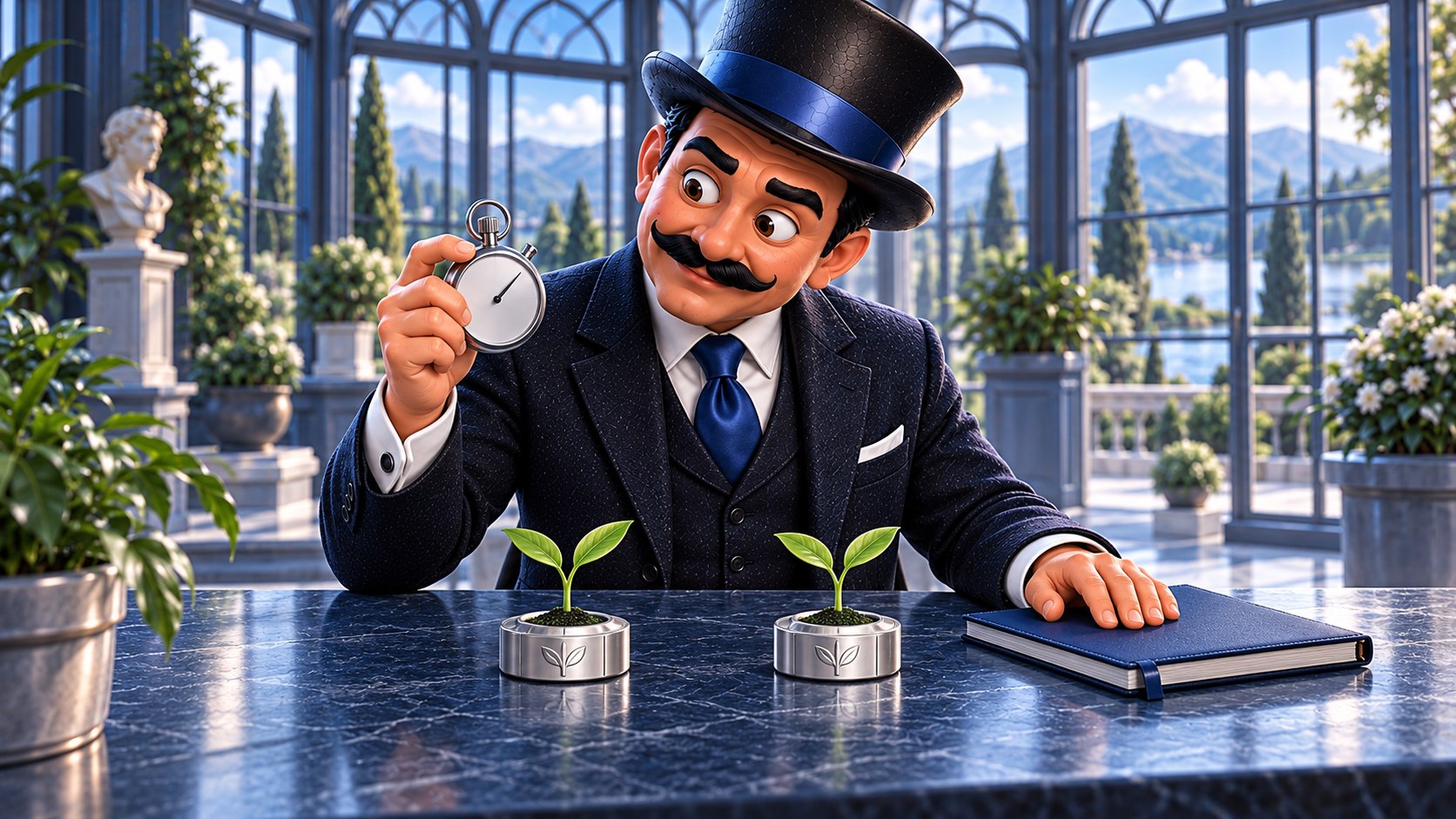 Satoshi observa un cronómetro plateado junto a dos plantas pequeñas y una libreta azul, con expresión curiosa y cabeza inclinada.