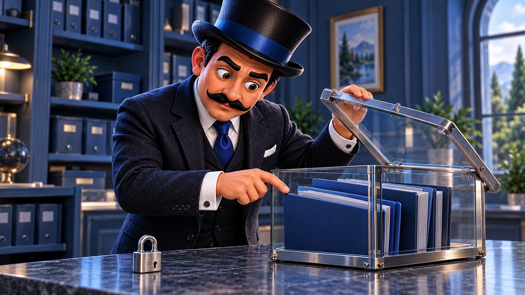 Satoshi examina carpetas azules dentro de una caja de cristal abierta, con expresión seria y analítica.
