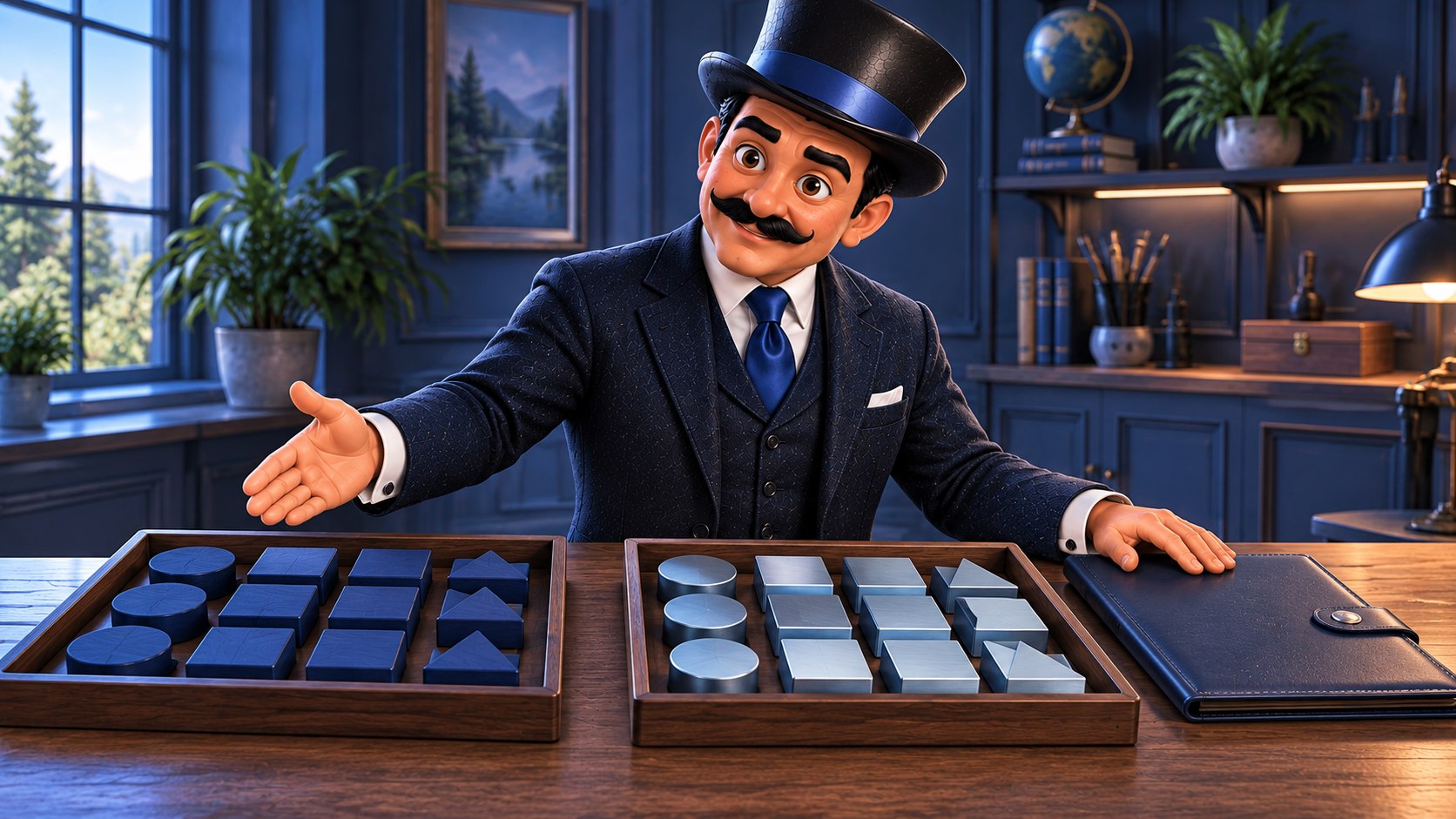 Satoshi compara dos bandejas con piezas azules y una carpeta contractual en un taller, con expresión interesada y explicativa.
