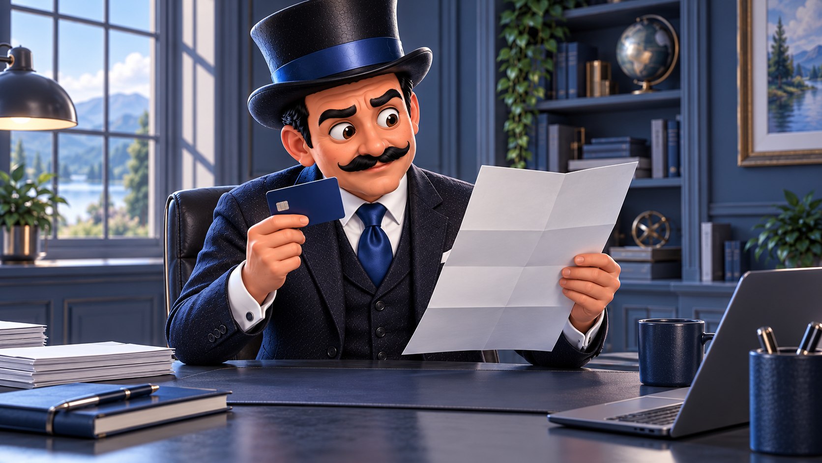 Satoshi examina un extracto y sostiene una tarjeta azul, con expresión preocupada y ambos ojos abiertos.