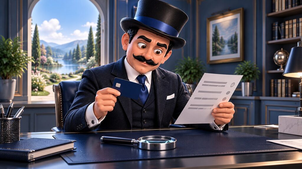 Satoshi examina un extracto con líneas genéricas y una tarjeta azul sin marca, con expresión preocupada y reflexiva.