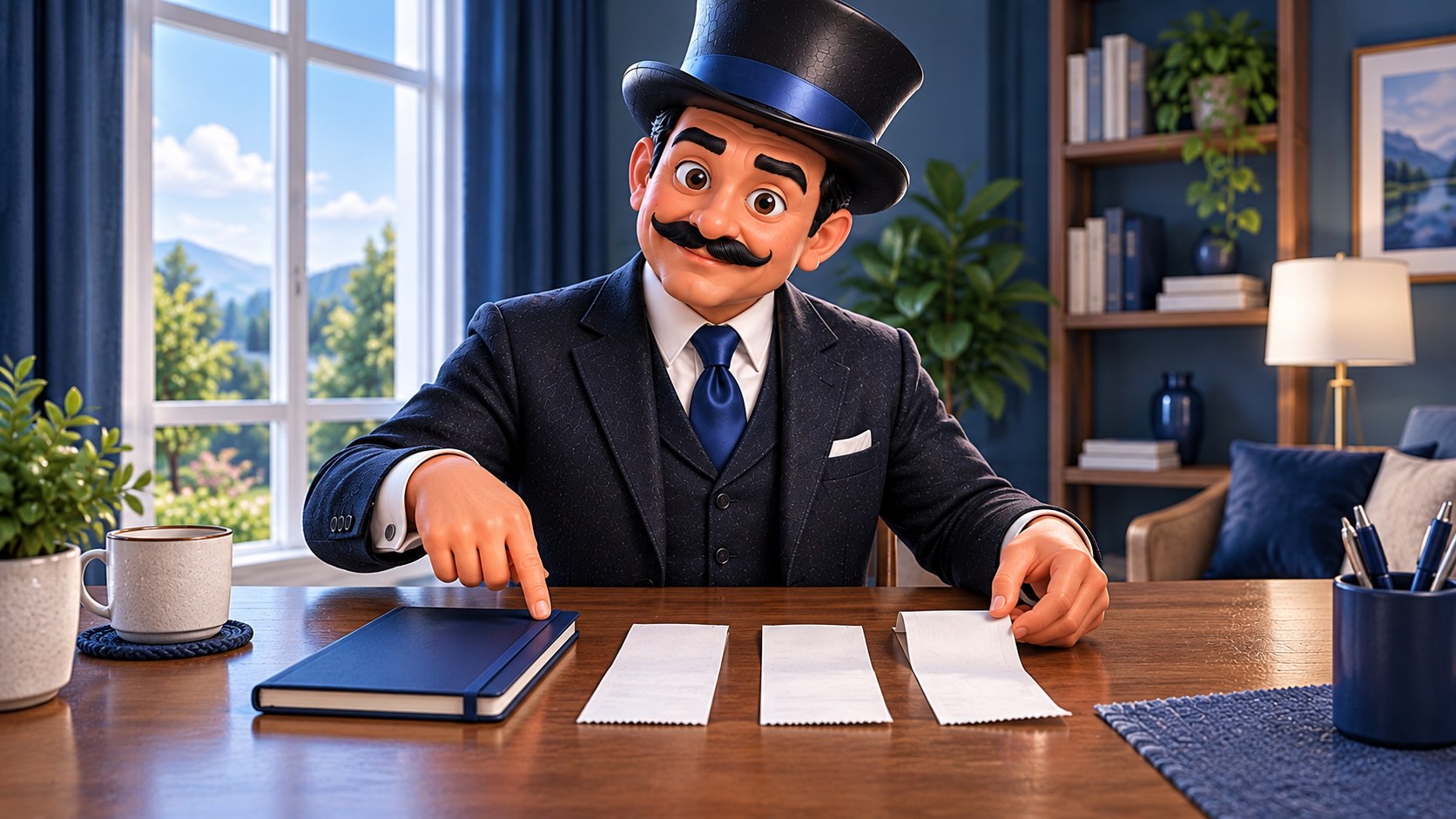 Satoshi ordena tres justificantes junto a una libreta azul, con expresión tranquila.