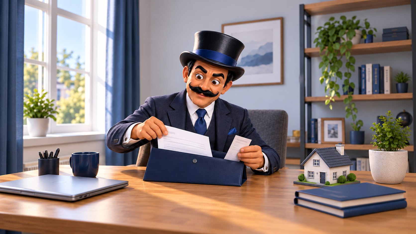 Satoshi archiva una carta y un justificante en una funda junto a una maqueta de vivienda.