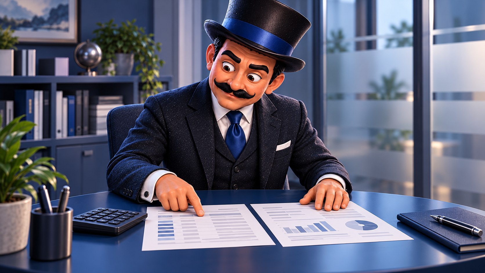 Satoshi contrasta dos documentos junto a una calculadora sobre una mesa azul, con expresión analítica.