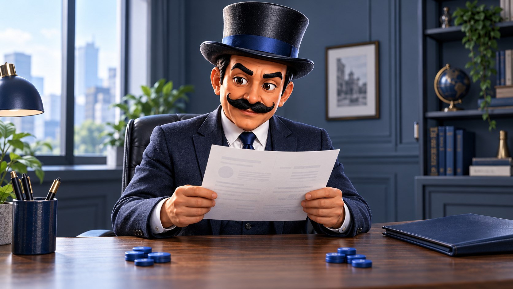 Satoshi revisa un extracto junto a dos grupos de fichas azules, con expresión de concentración.