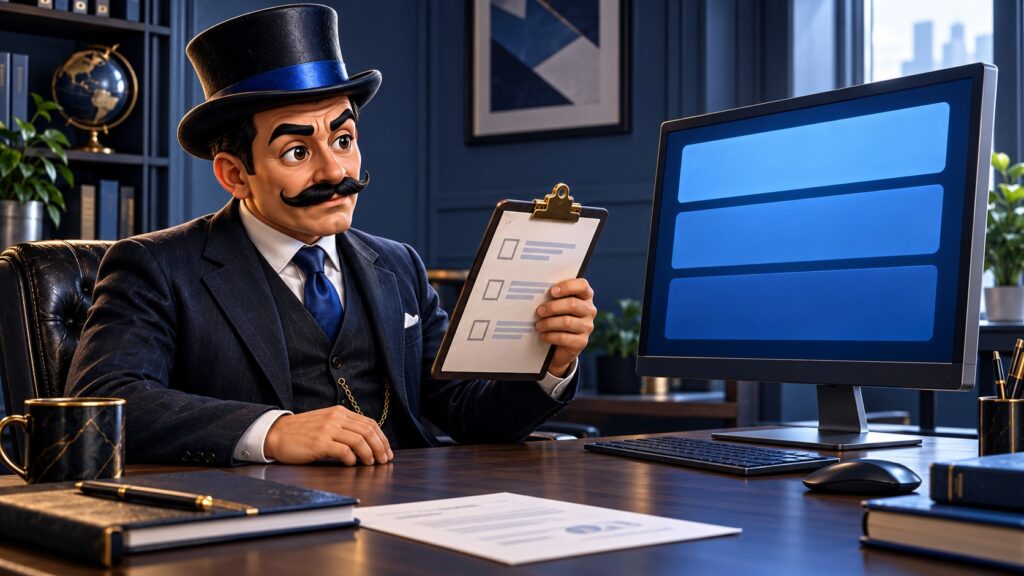 Satoshi observa un monitor y sostiene una lista de comprobación, con expresión cautelosa.