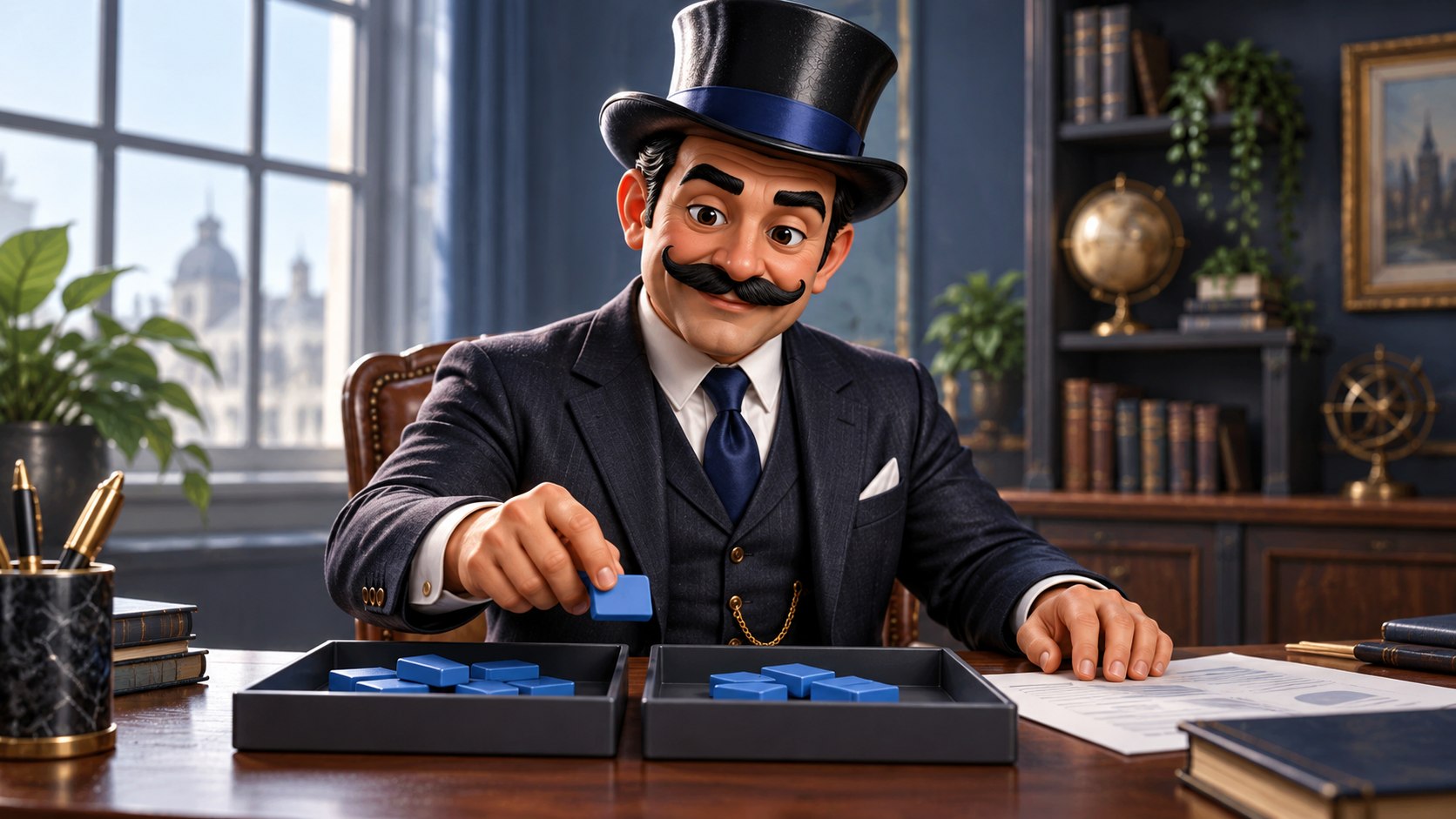Satoshi separa fichas azules en dos bandejas junto a un extracto, con expresión serena.
