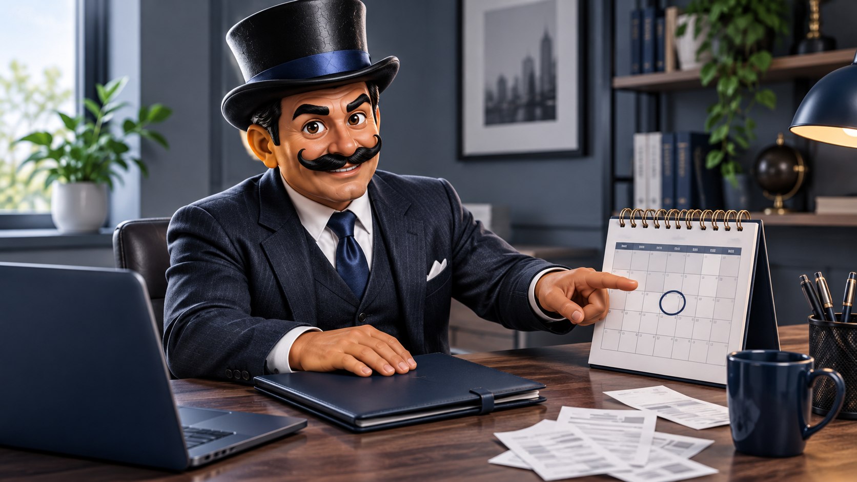 Satoshi señala un calendario junto a recibos y una carpeta azul, con gesto decidido.