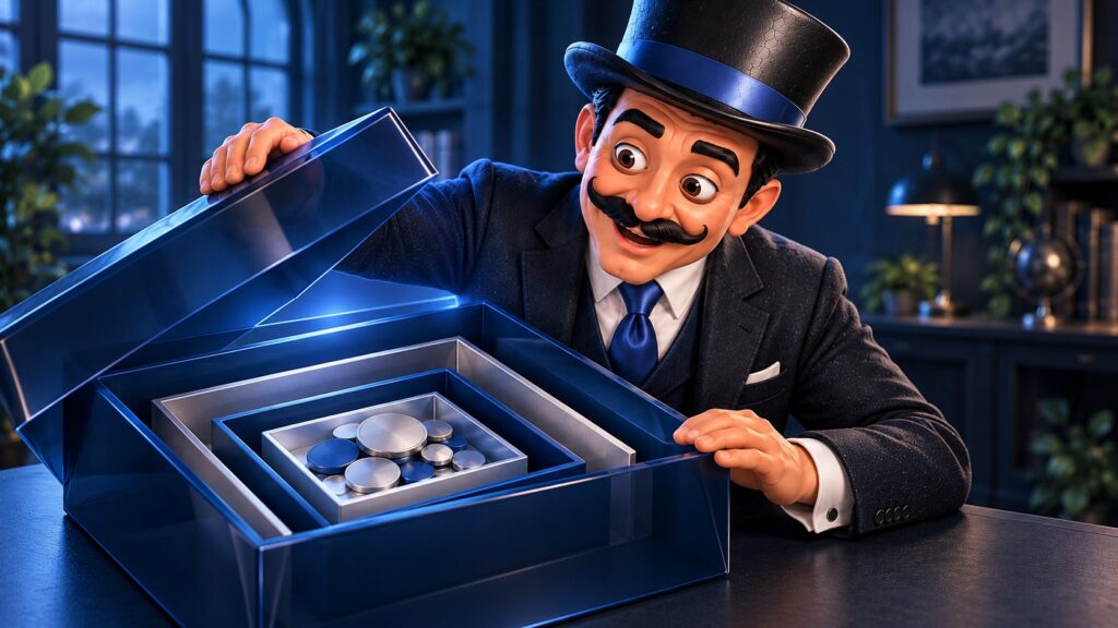 Satoshi, curioso y con ambos ojos abiertos, abre una caja azul con varias capas y pequeñas piezas en su interior.