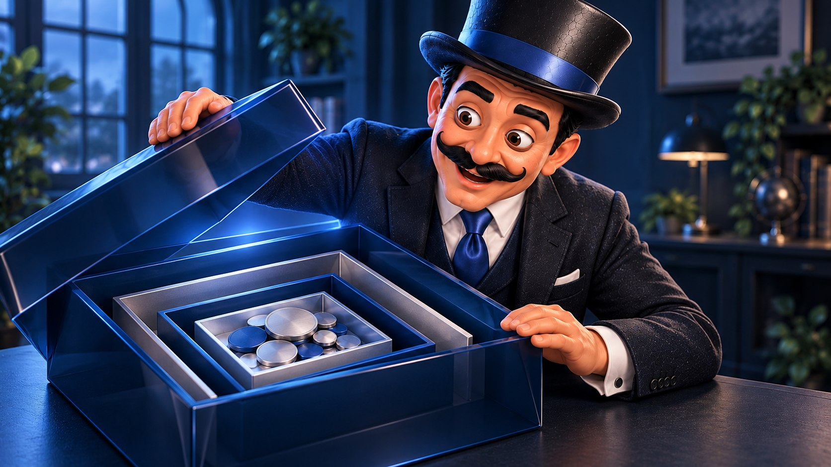 Satoshi, curioso y con ambos ojos abiertos, abre una caja azul con varias capas y pequeñas piezas en su interior.