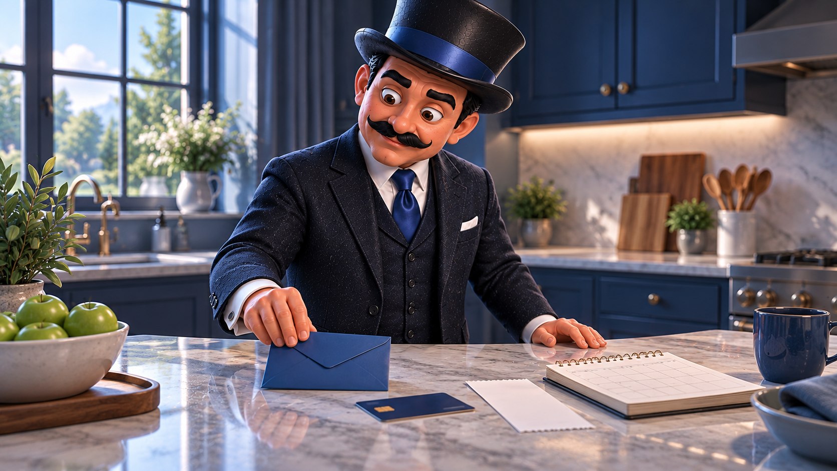 Satoshi coloca un sobre azul junto a un calendario en la cocina, con expresión concentrada.
