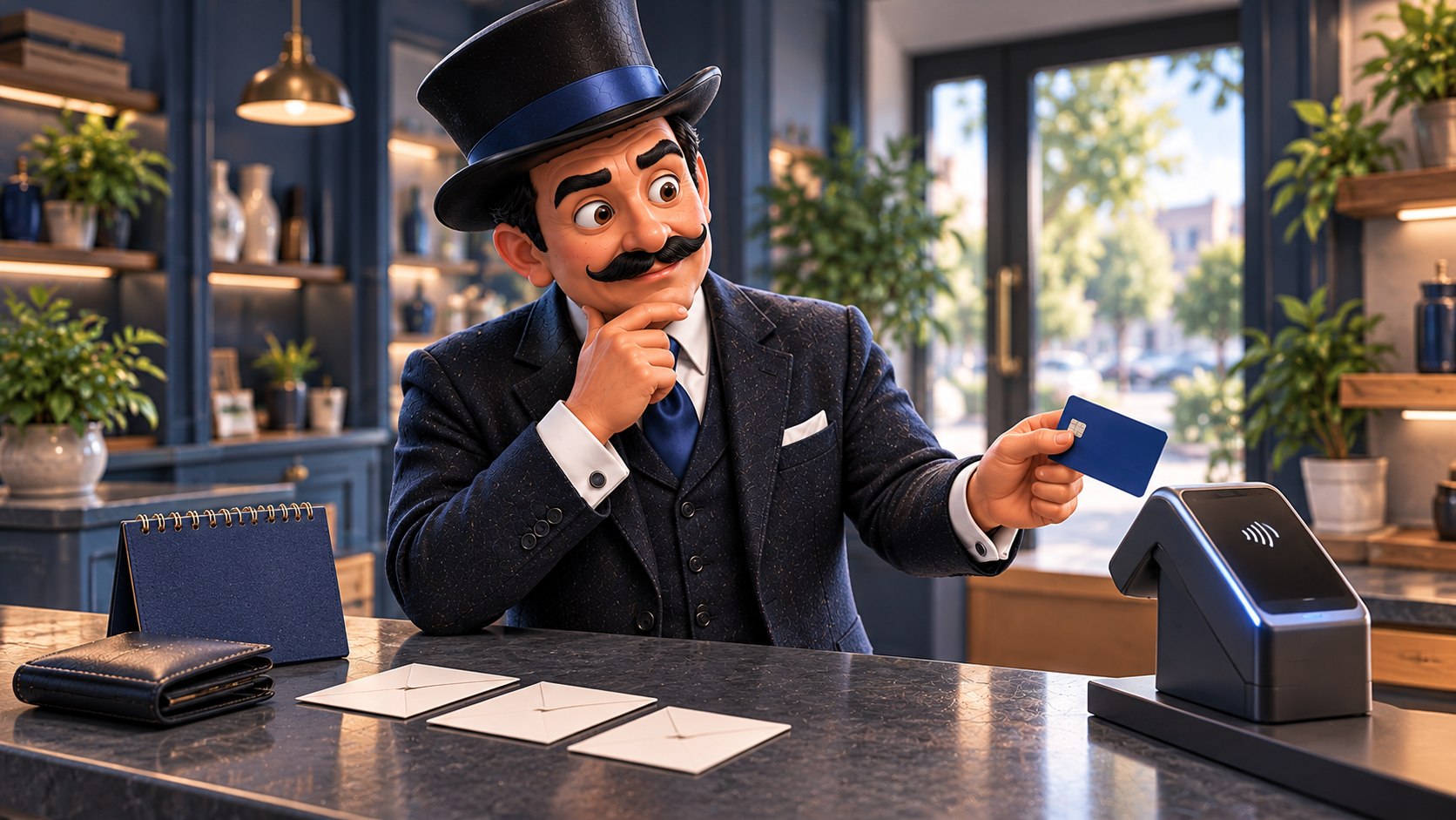 Satoshi examina una tarjeta azul ante un terminal de pago, con gesto curioso.