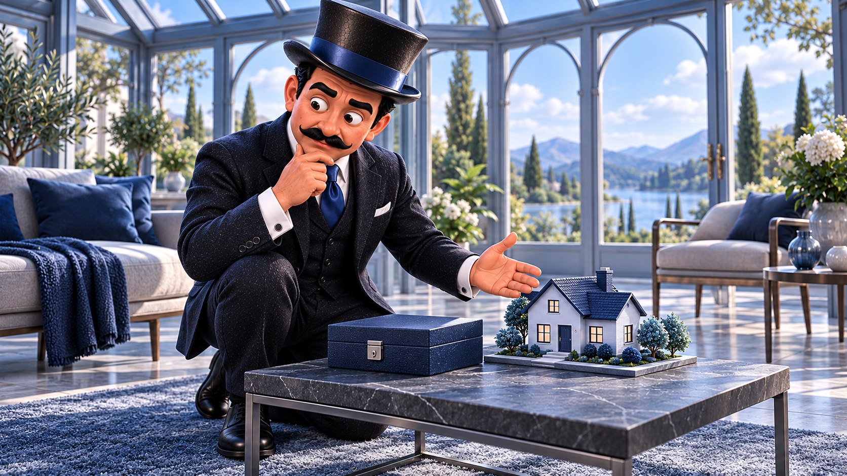 Satoshi observa una casa pequeña y una caja de reserva azul con expresión seria y protectora.