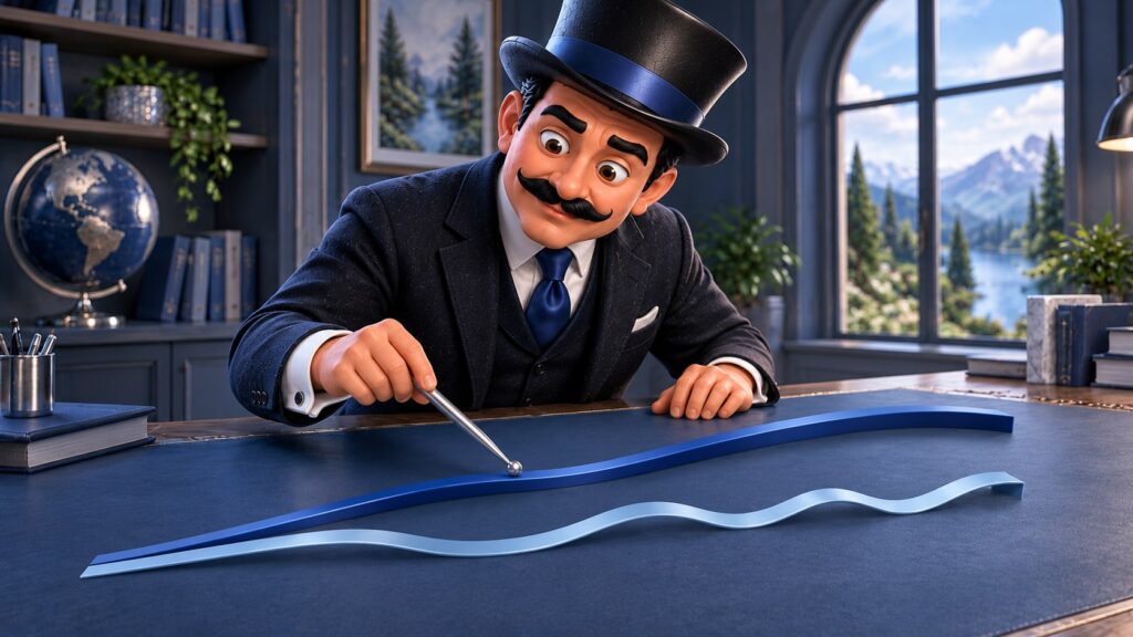 Satoshi compara dos cintas azules de recorridos distintos con un puntero plateado y expresión curiosa.
