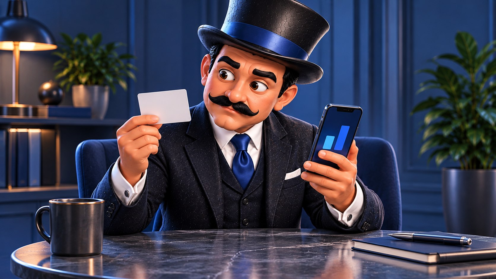 Satoshi contrasta un documento con la pantalla de un teléfono, con gesto serio y concentrado.