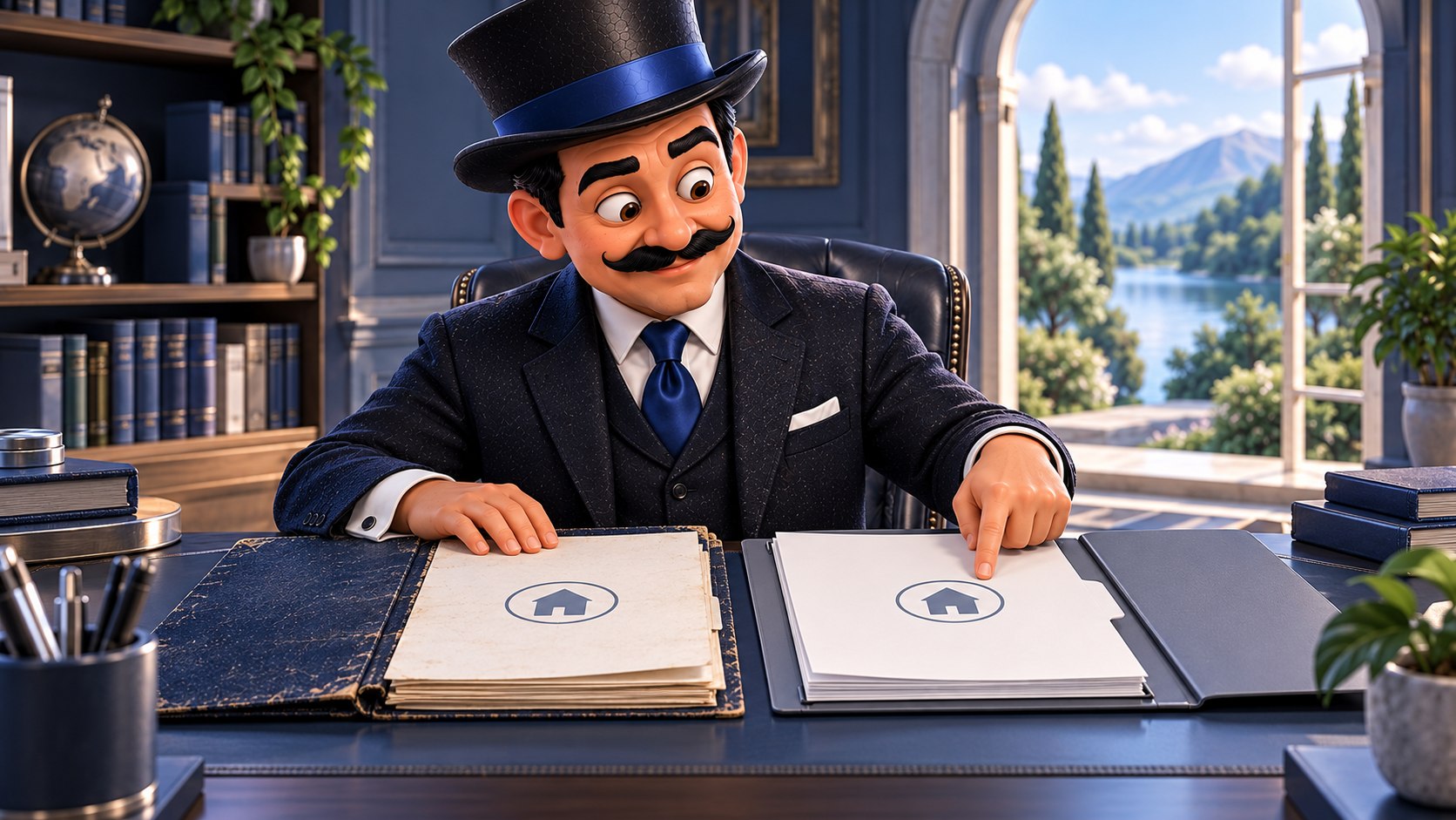 Satoshi compara documentos de una carpeta antigua y otra nueva con símbolos coincidentes, con una sonrisa discreta.
