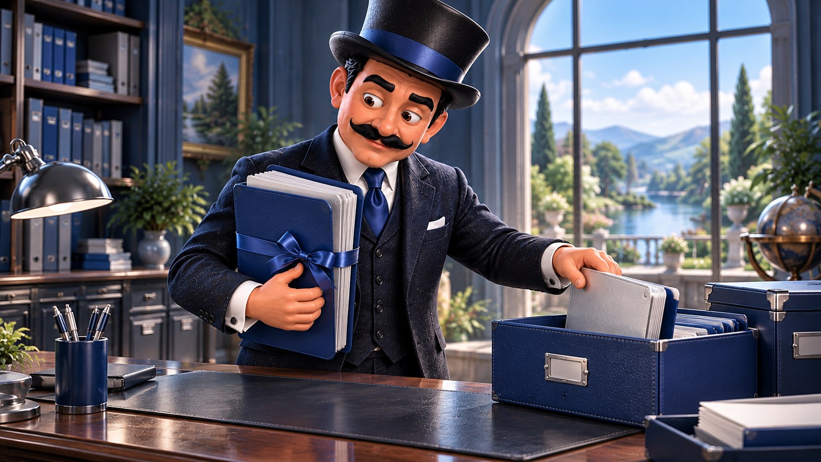 Satoshi protege una carpeta azul con documentos y coloca otra carpeta plateada en un archivador, con expresión atenta.