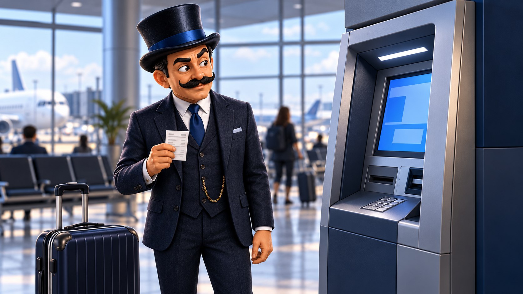 Satoshi observa la pantalla de un cajero con un recibo en la mano, con expresión de cautela.