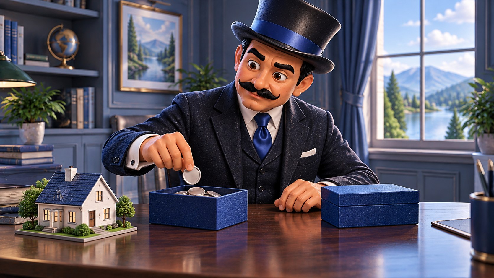 Satoshi separa monedas en una caja azul abierta junto a otra caja cerrada y una casa en miniatura, con expresión concentrada.